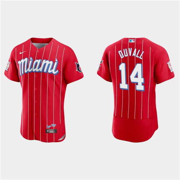 Men's Miami Marlins #14 Adam Duvall Red 2021 City Connect Flex Base Stitched Jersey